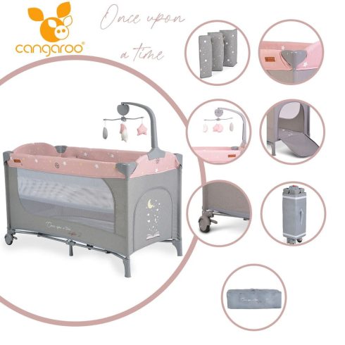 Cangaroo Once Upon2 emelhető betétes utazóágy, forgó-zenélővel - Pink