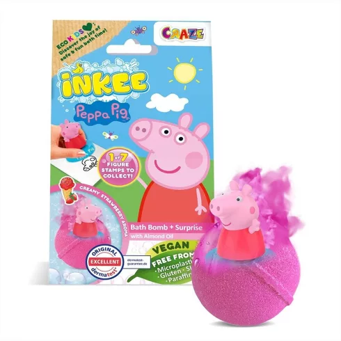 Craze Inkee vegán fürdőgolyó – Peppa malac nyomda figurával, eperfagyi aromával 
