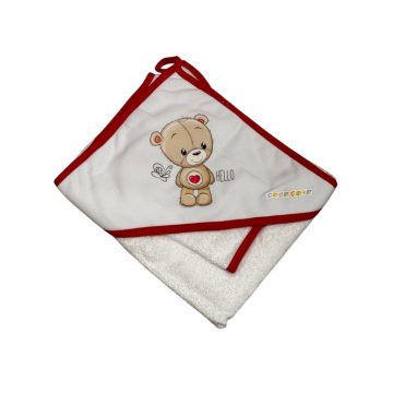   Babastar Nyomott Mintás Fürdőlepedő Frottír 80x80 cm - Hello Maci Szívecskével - Piros