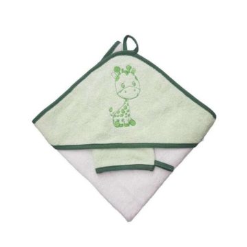   Babastar hímzett fürdőlepedő, fürdetőkesztyűvel 80*80 cm - Zsiráf fehér/zöld 