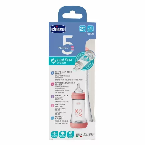 Chicco Perfect5 240 ml biofunkcionális cumisüveg - Rózsaszín xoxo