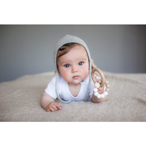 Mimijo Szilikon rágóka és csörgő bükkfa gyűrűs - Fehér/Bézs