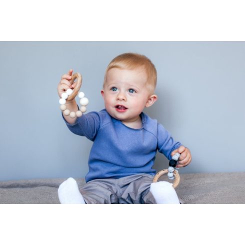 Mimijo Szilikon rágóka és csörgő bükkfa gyűrűs - Fehér/Szürke