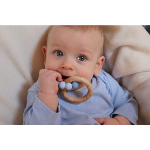 Mimijo Szilikon rágóka és csörgő bükkfa gyűrűs - Kék