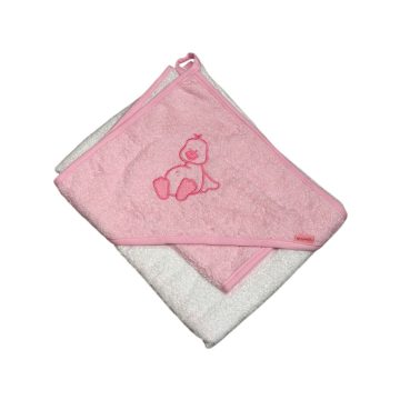   Vaganza hímzett fürdőlepedő fürdető kesztyűvel 80x80 cm - Fehér/Rózsaszín Kacsás