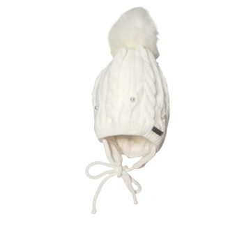   MiniM Gyerek sapka bojtos téli kötött - Törtfehér / Gyönggyel "girl" emblémával 50-52