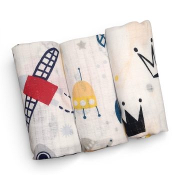   BS Textil pelenka 3db-os - Sárga Űrhajó/Piros Űrhajó/Korona