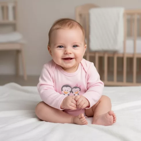 Babastar Hosszú Ujjú pamut body - Pingvinpár - Rózsaszín - 50