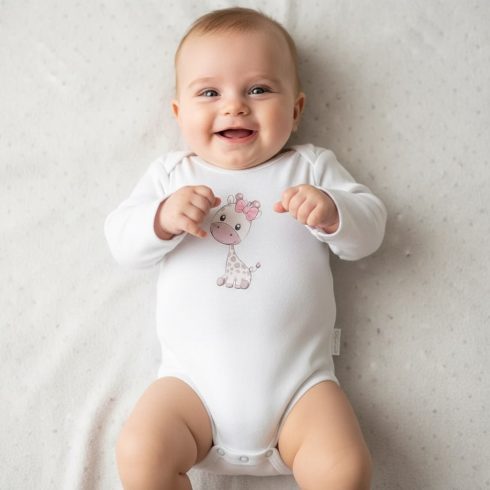 Babastar Hosszú Ujjú pamut body - Zsiráf It's a girl! - Fehér - 62