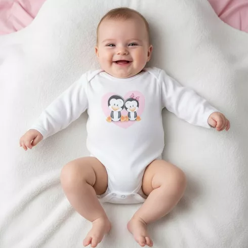 Babastar Hosszú Ujjú pamut body - Pingvinpár - Fehér - 74