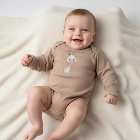 Babastar Hosszú Ujjú pamut body - Zsiráf It's a boy! - Mogyoró - 74