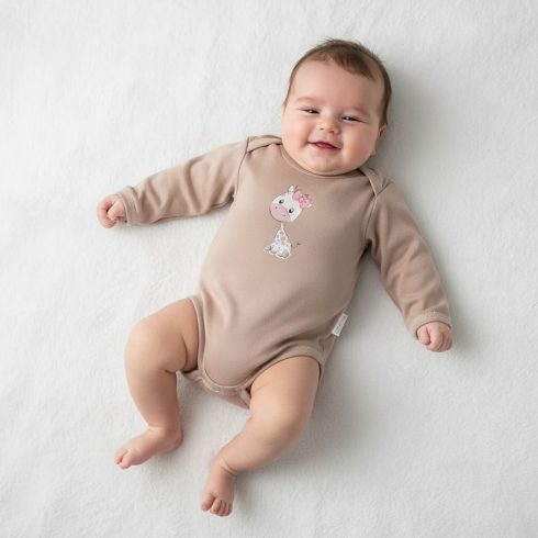 Babastar Hosszú Ujjú pamut body - Zsiráf It's a girl! - Mogyoró - 74