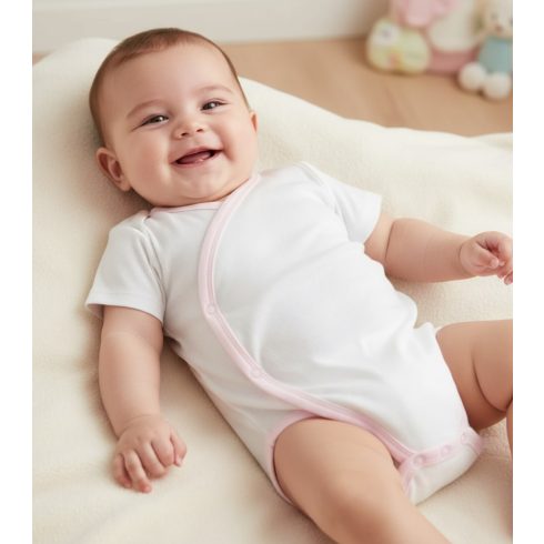 Gólyahír Réklis Rövid Ujjú Body - Fehér/Rózsaszín Szegéllyel - 56
