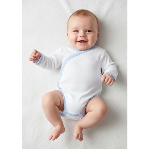 Gólyahír Réklis Hosszú Ujjú Body - Fehér/Kék Szegéllyel - 62